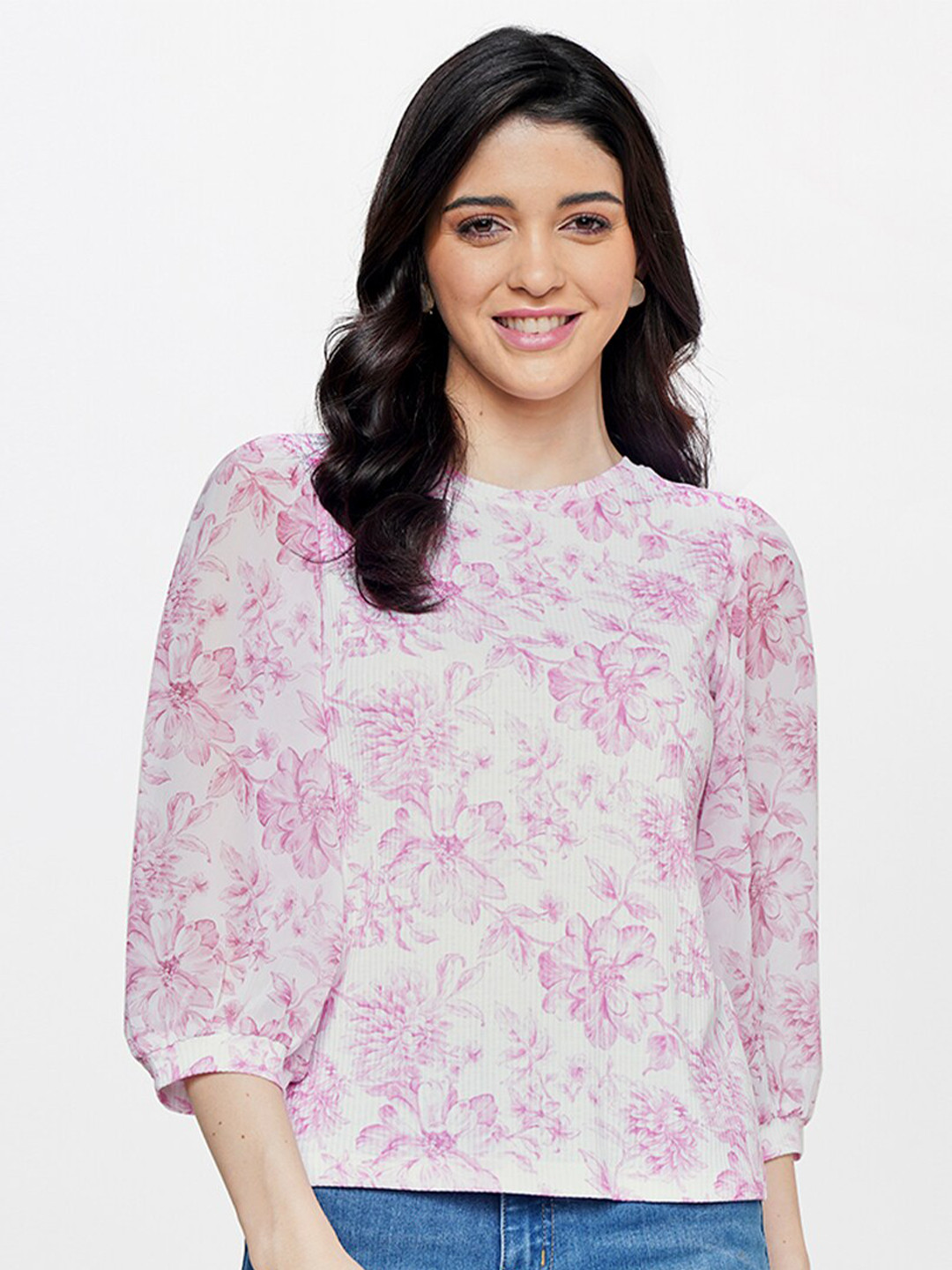 AND Round Neck Puff Sleeves Floral Ribbed Regular Top