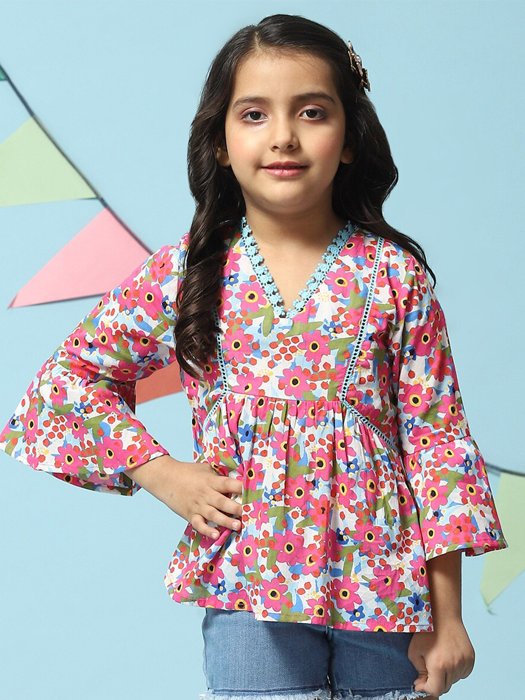 Biba Blue Girls Floral Print Cotton Empire Top