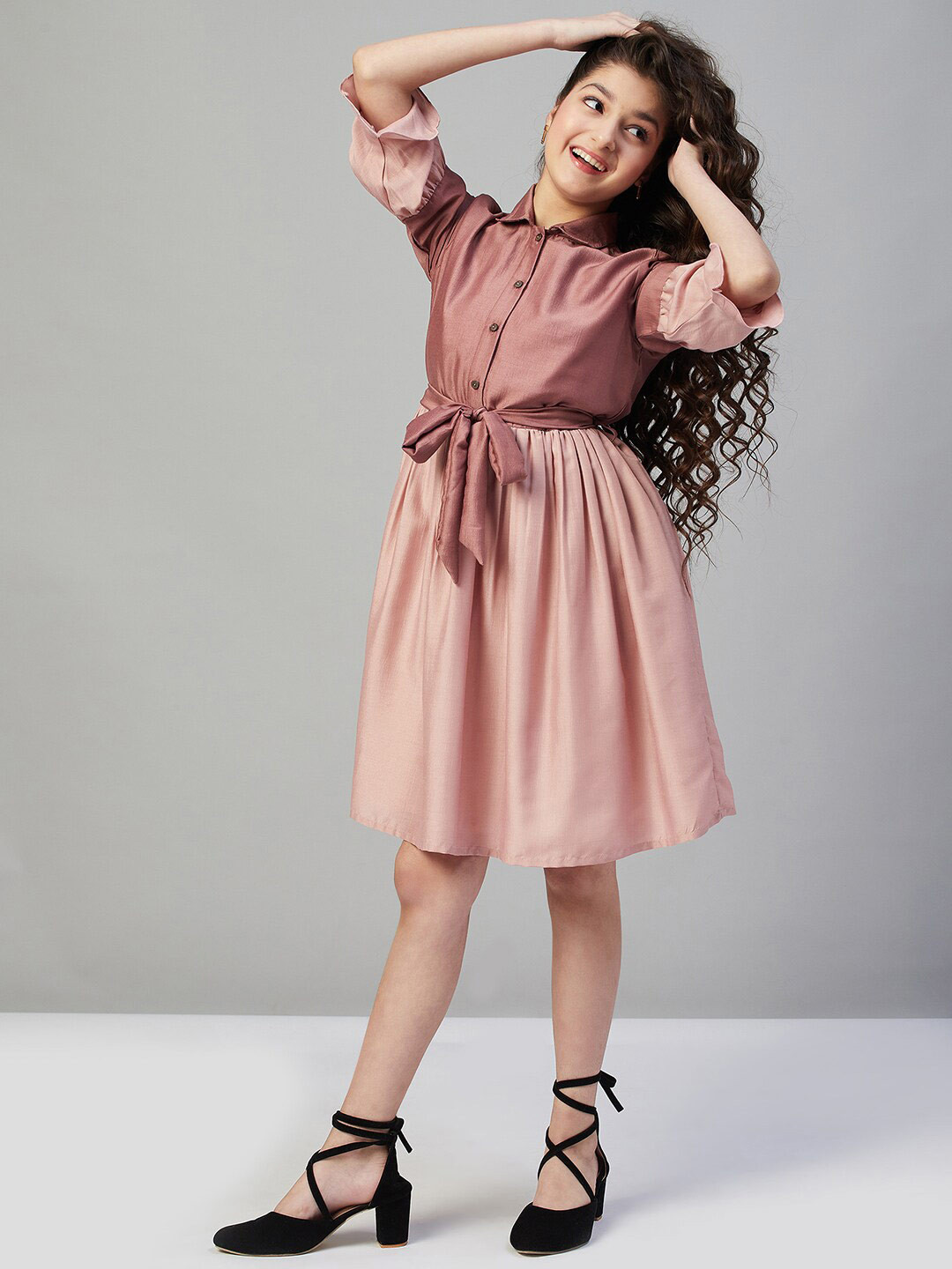 Stylo Bug Girls Shirt Collar Silk Fit & Flare Dress