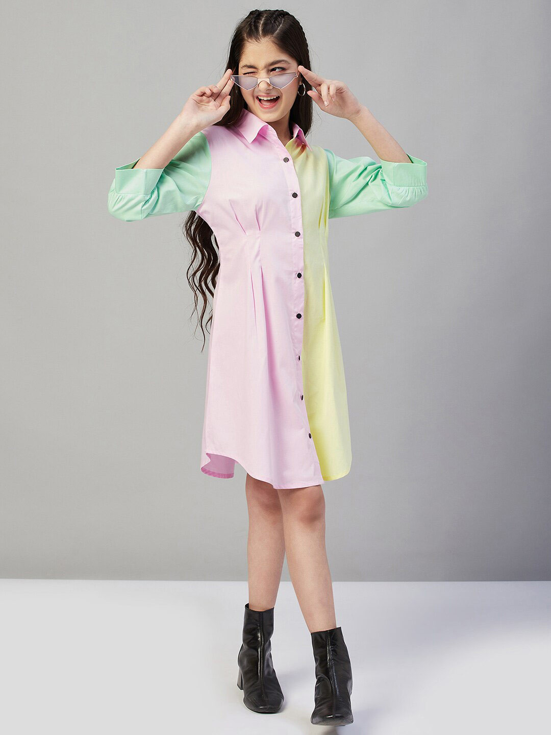 StyloBug Puffed Sleeve Cotton Shirt Dress