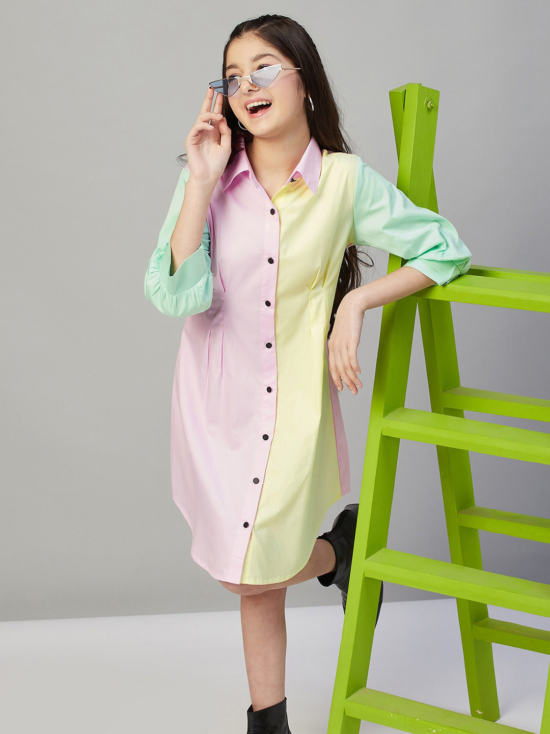 StyloBug Puffed Sleeve Cotton Shirt Dress