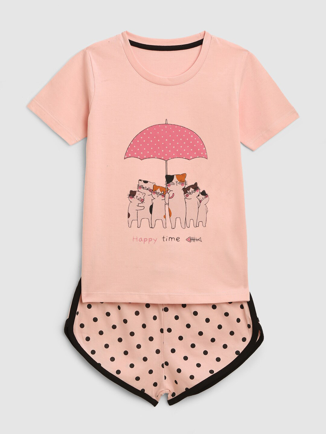 YK Girls Cat Printed T-shirt with Shorts Set