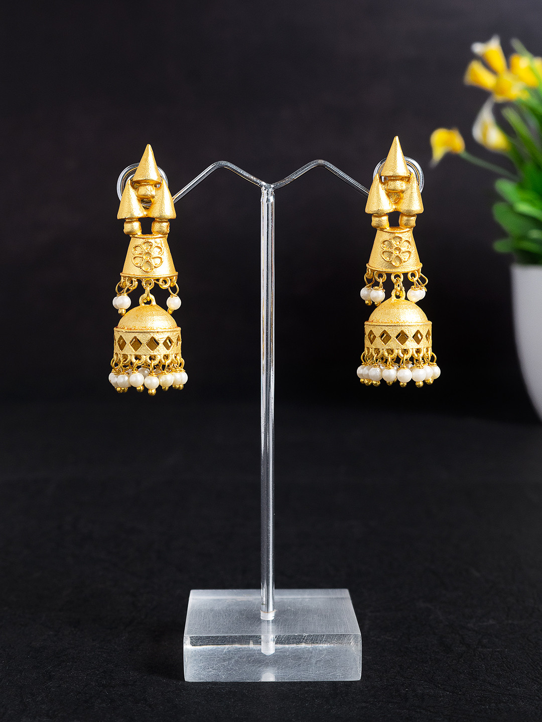 Golden Gold-Plated Dome Shaped Drop Earrings