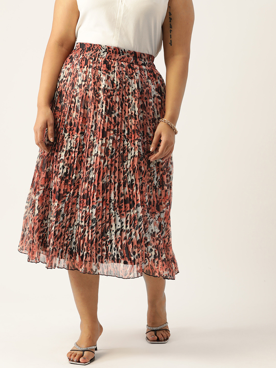 Antheaa Curve Plus Size Pleated Animal Printed A-Line Midi Skirt