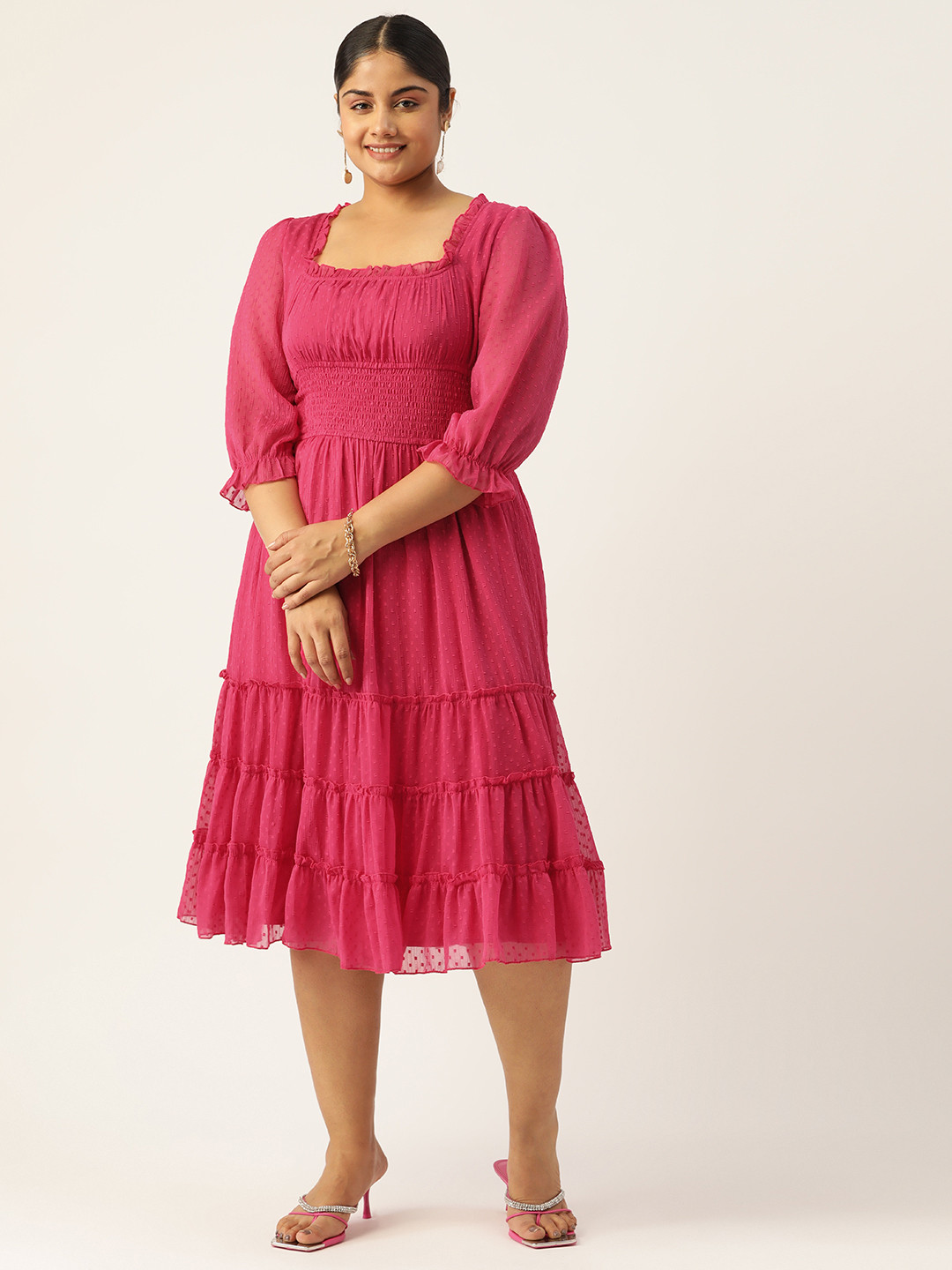Antheaa Curve Plus SizeChiffon Dooby Weave Midi Dress