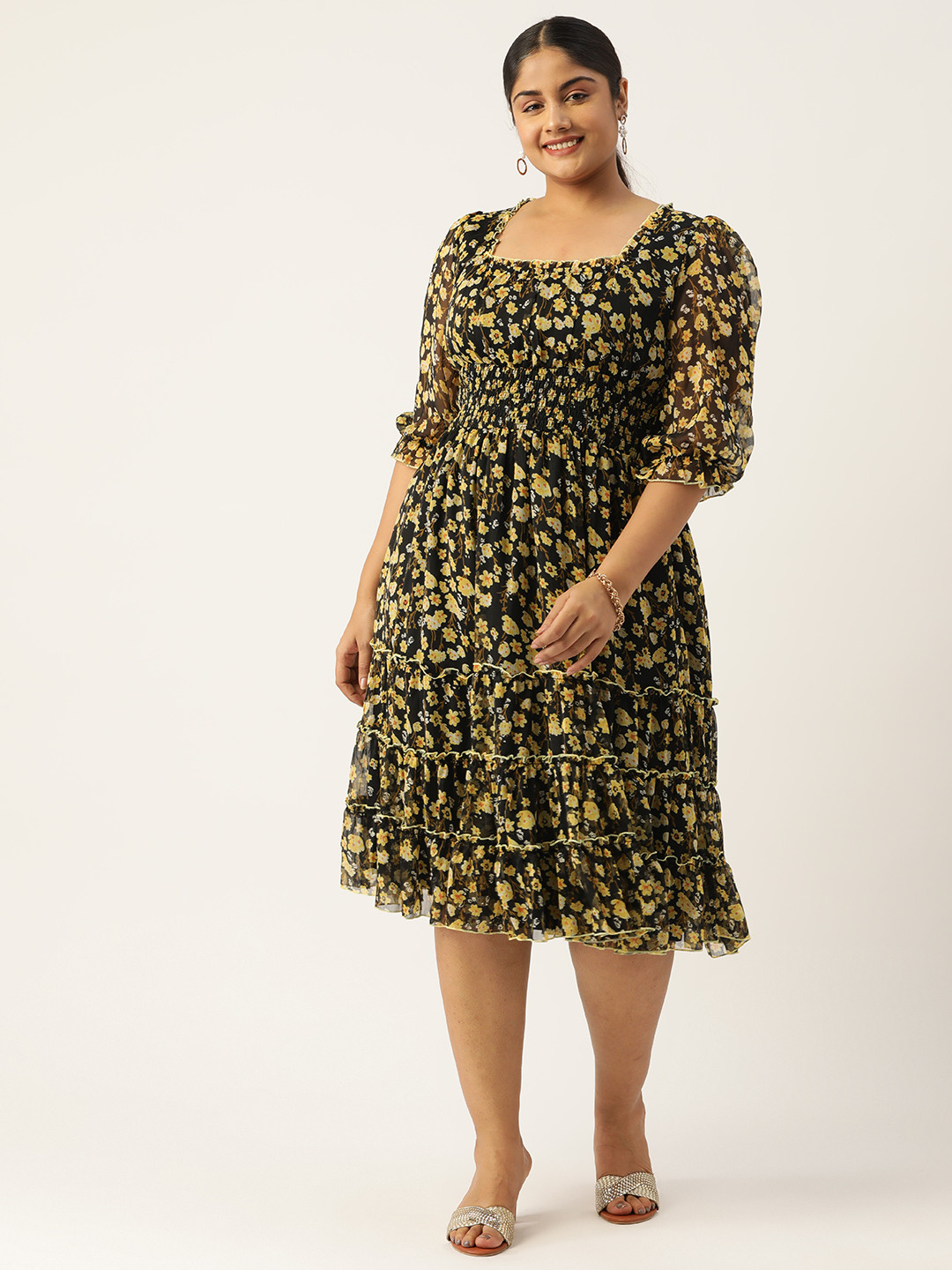 Antheaa Curve Plus Size Floral Print Puff Sleeves Chiffon Midi Dress With Smocked Detail
