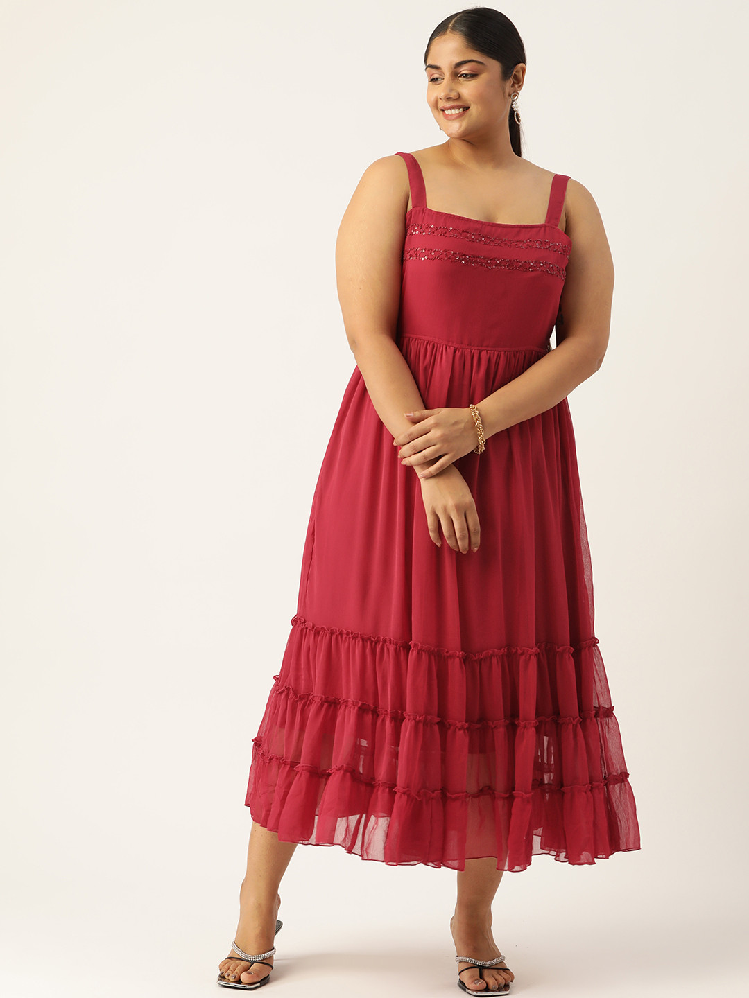 Antheaa Curve Plus Size Embellished Chiffon Midi Dress With Smocked Detail