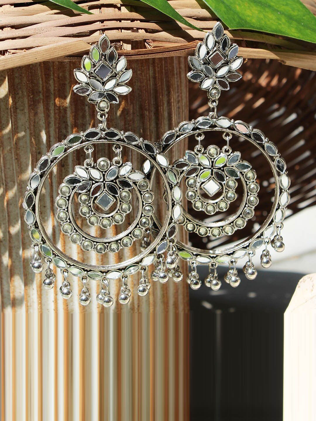 VAGHBHATT Silver-Plated Oxidised Mirror Studded Afghan Jewellery Set