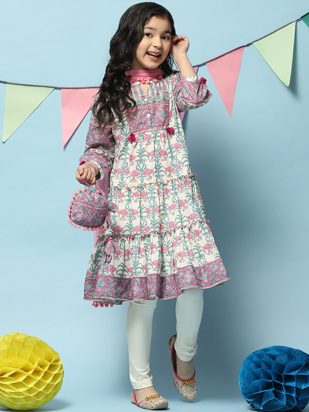 Biba Girls Floral Printed Band Collar Tiered Kurta With Legging & Dupatta