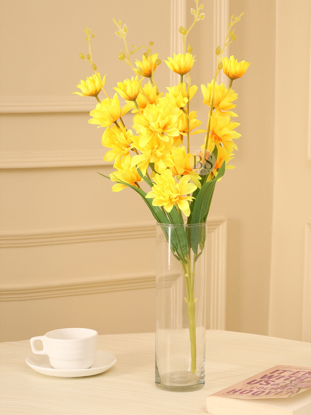 BS AMOR Yellow & Green Artificial Dahlia Flower Bunch