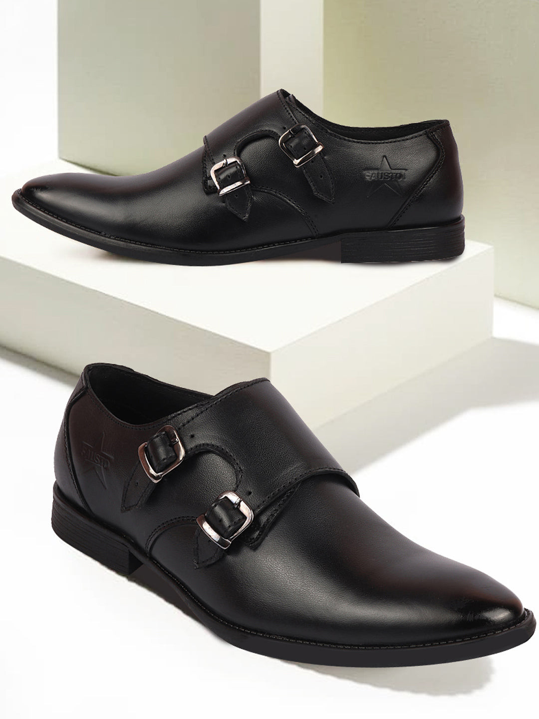FAUSTO Men Genuine Leather Formal Monk Shoes