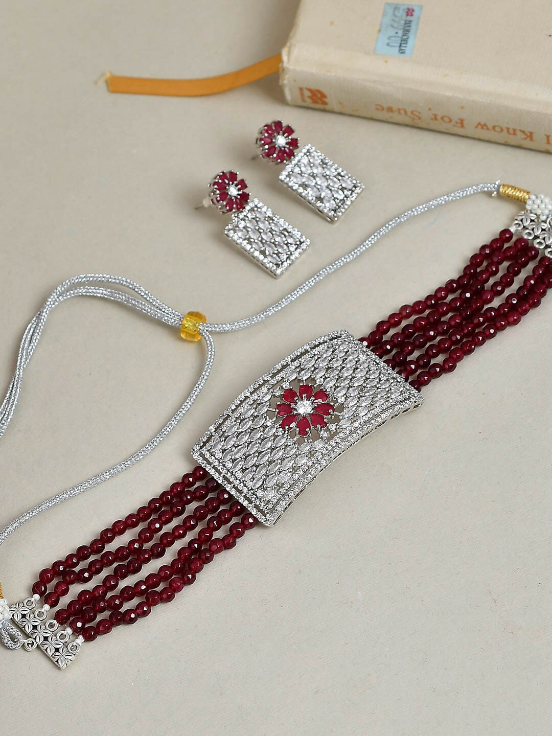 Silvermerc Designs Silver-Plated AD-Studded & Beaded Choker Jewellery Set