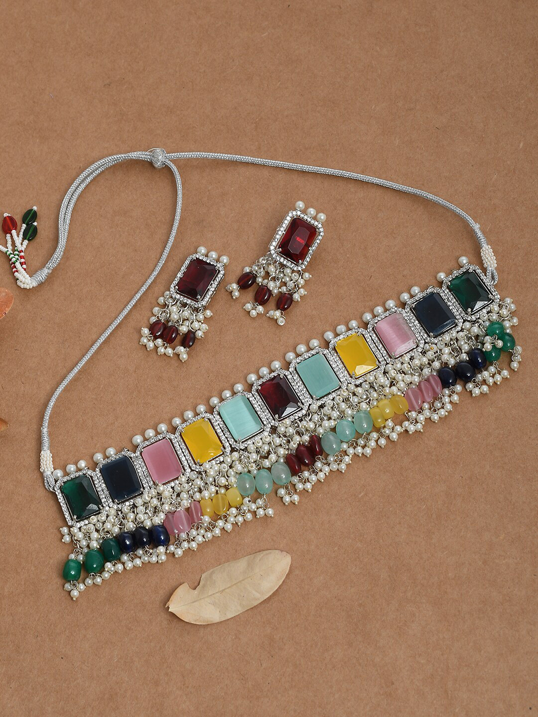 Silvermerc Designs Silver-Plated AD-Stone & Beaded Choker Jewellery Set