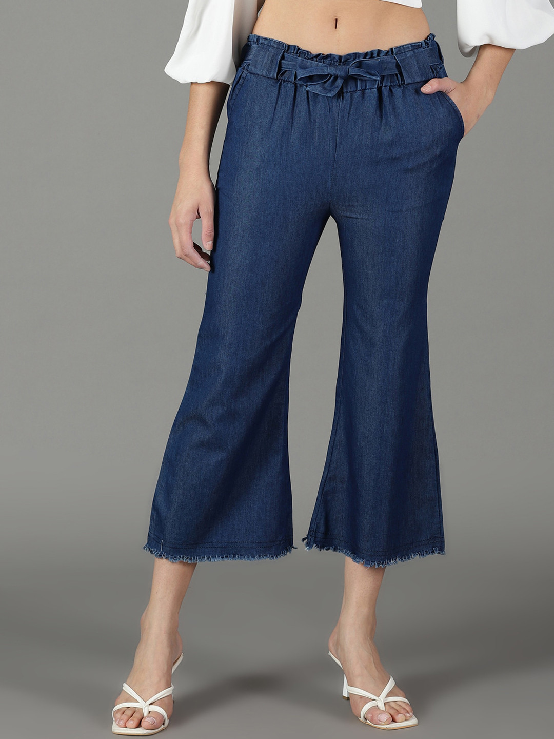 SHOWOFFFF Women Frayed Hem Denim High-Rise Cropped Bootcut Trousers
