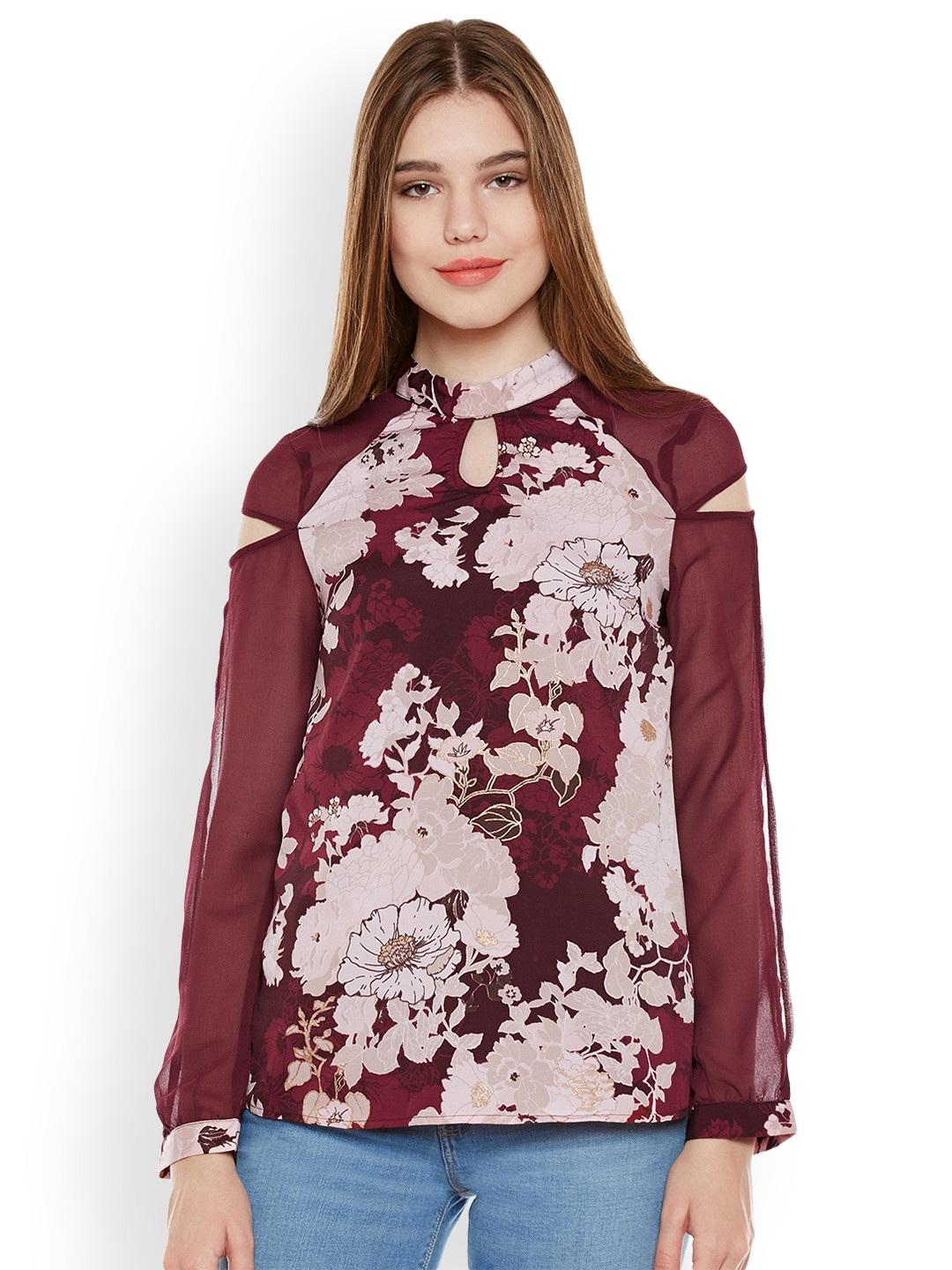 Oxolloxo Women Burgundy Floral Print Top