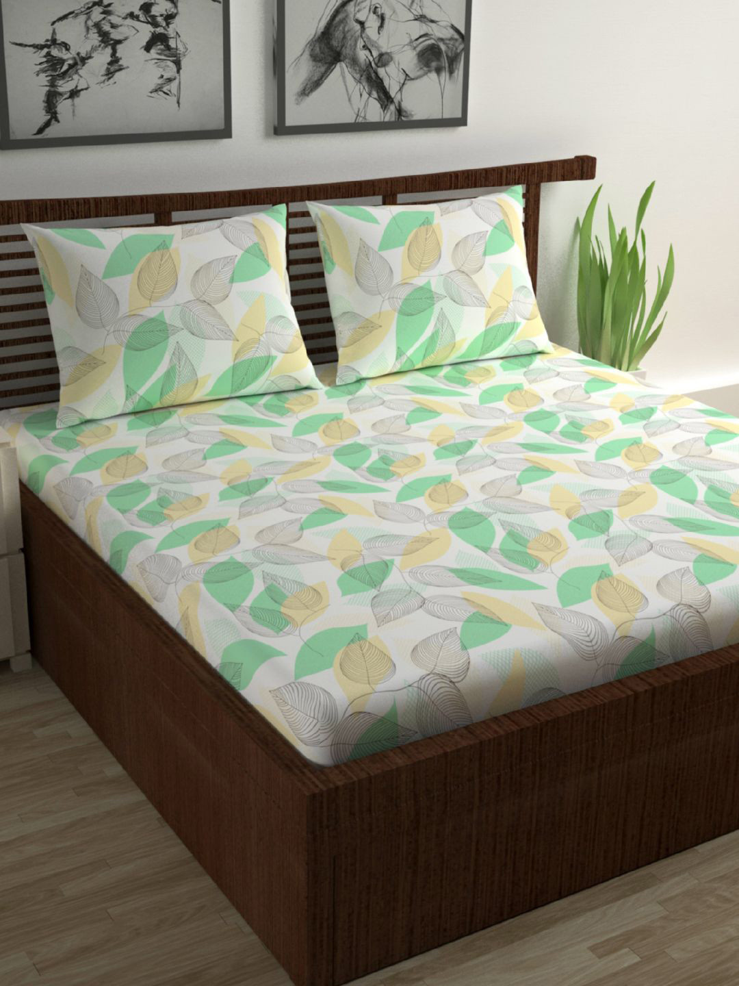 Divine Casa Green Leaf Pure Cotton 144 TC Queen Bedsheet with 2 Pillow Covers-100 x 87 inches