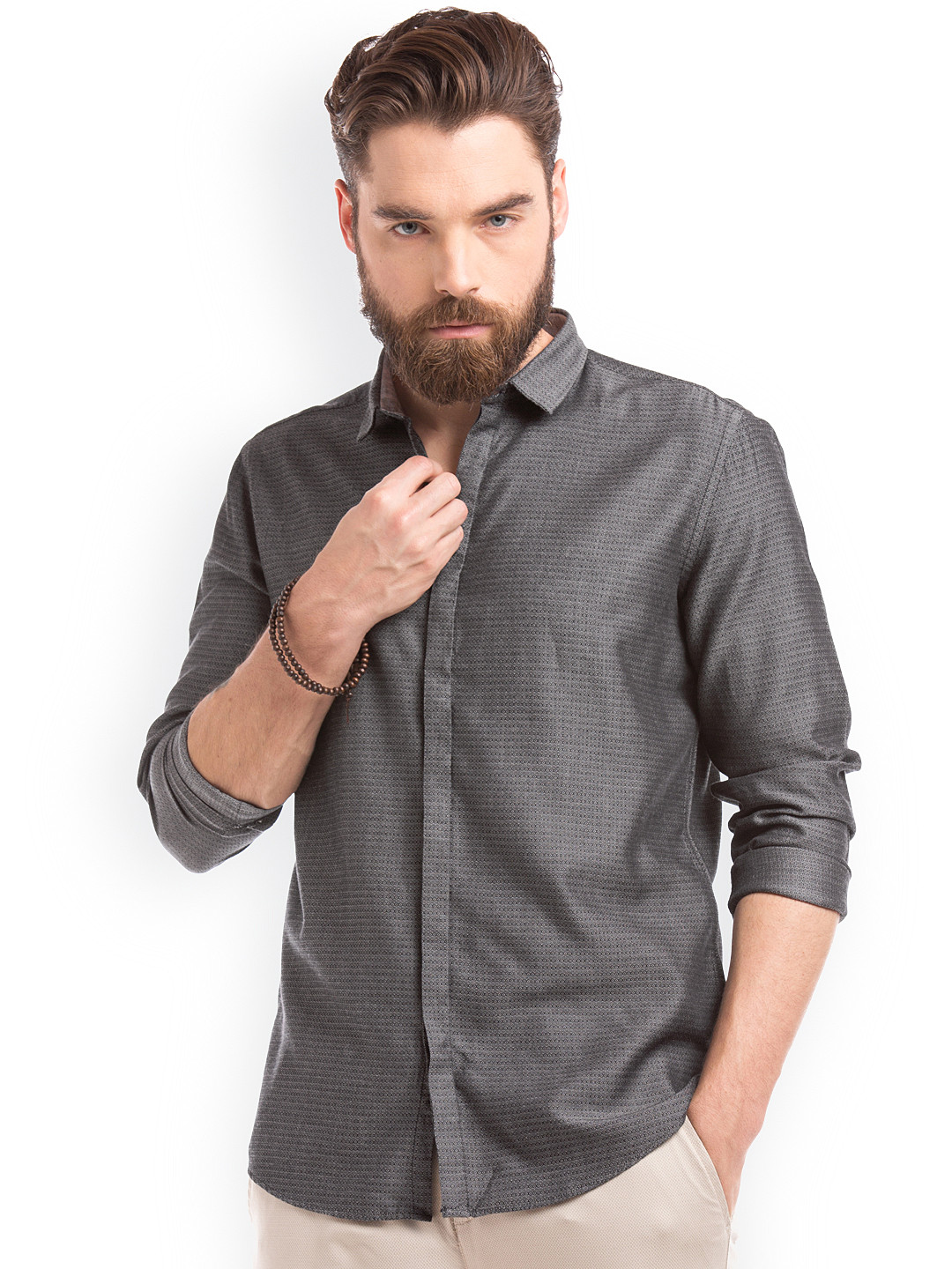 True Blue Men Grey Slim Fit Self Design Casual Shirt