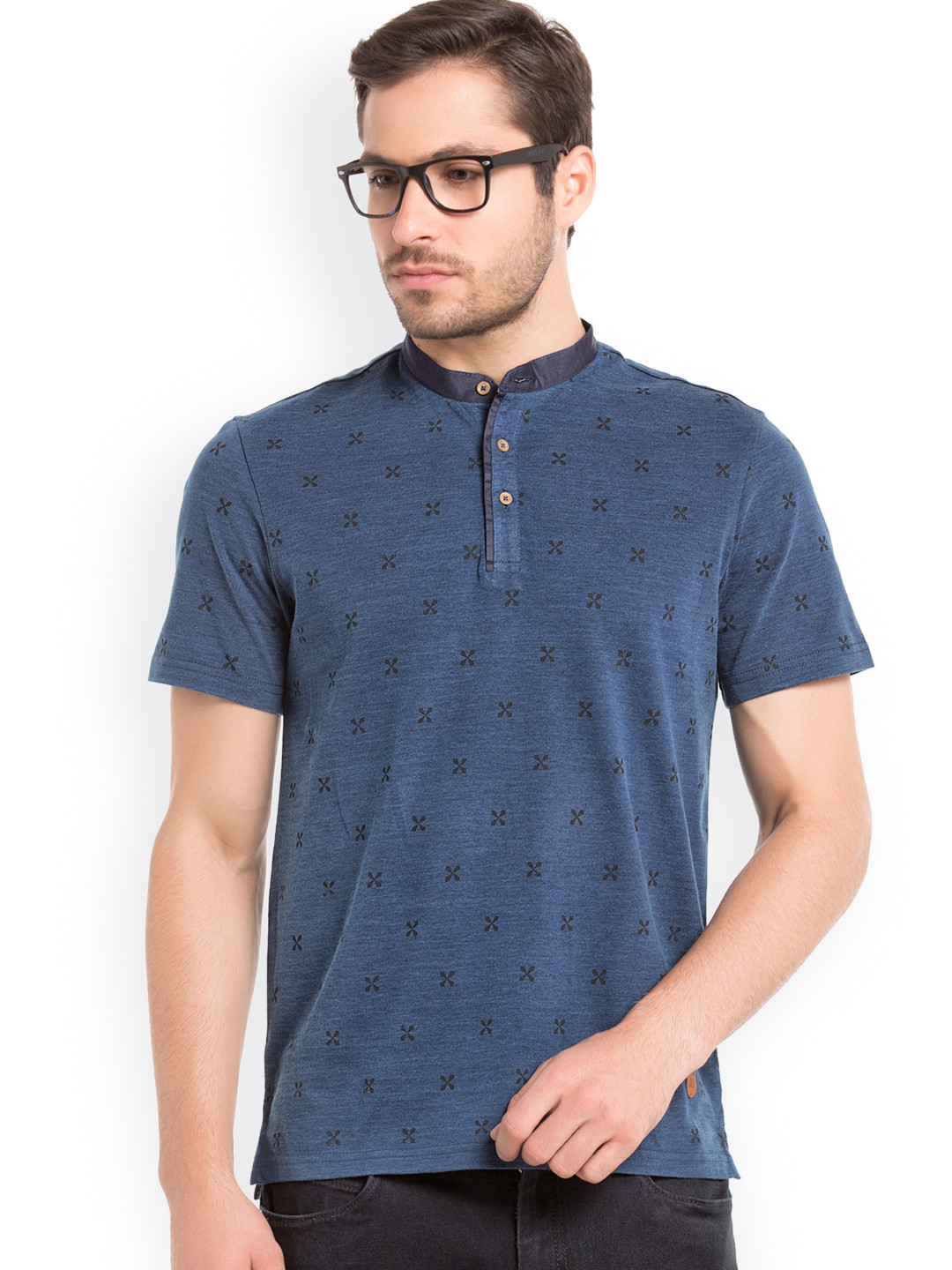 True Blue Men Blue Printed Slim Fit Mandarin Collar T-shirt