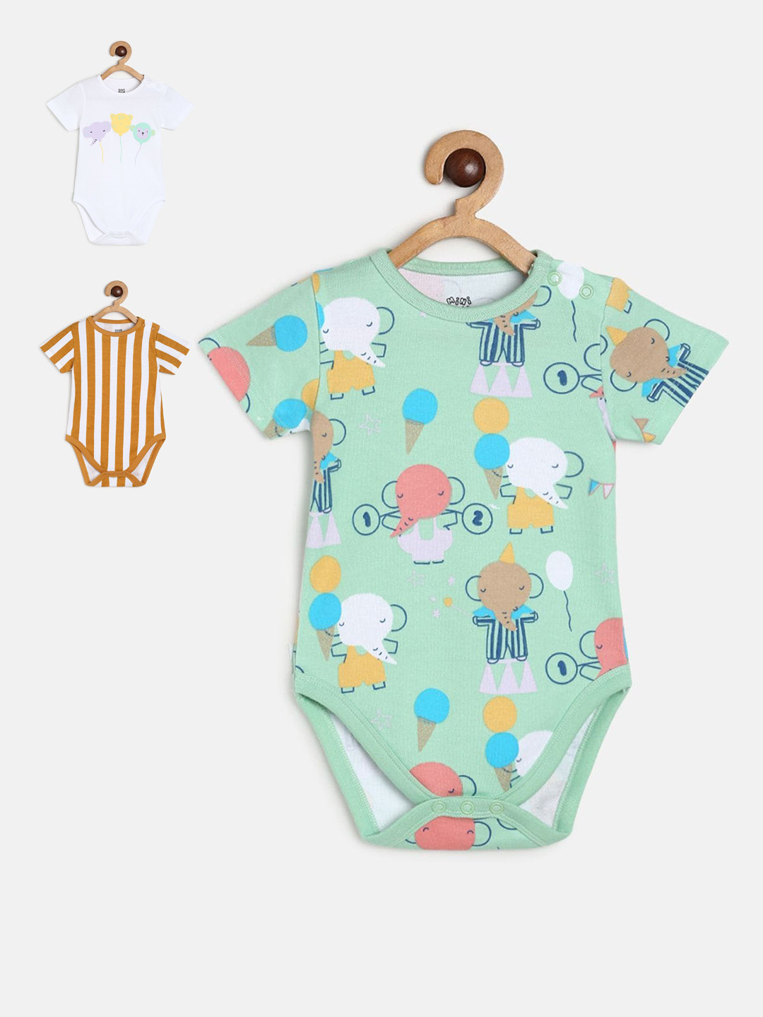 MINI KLUB Infants Boys Pack Of 3 Printed Pure Cotton Baby Body Suit