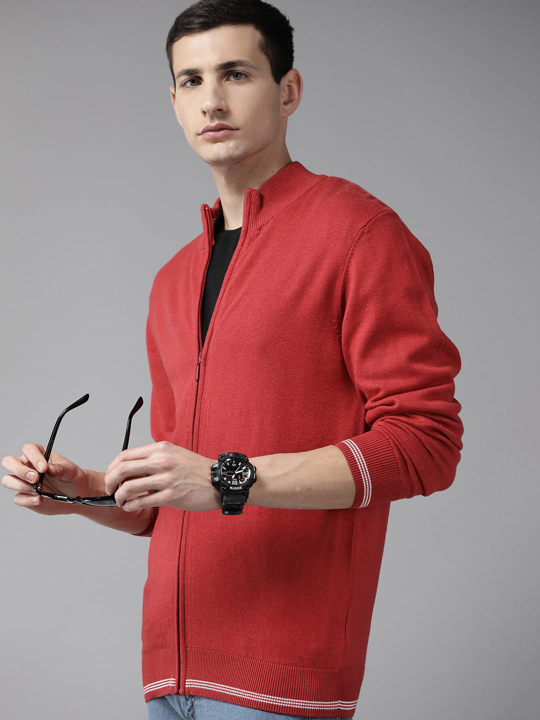 Roadster Solid Center Front Open Ribbed Sweater