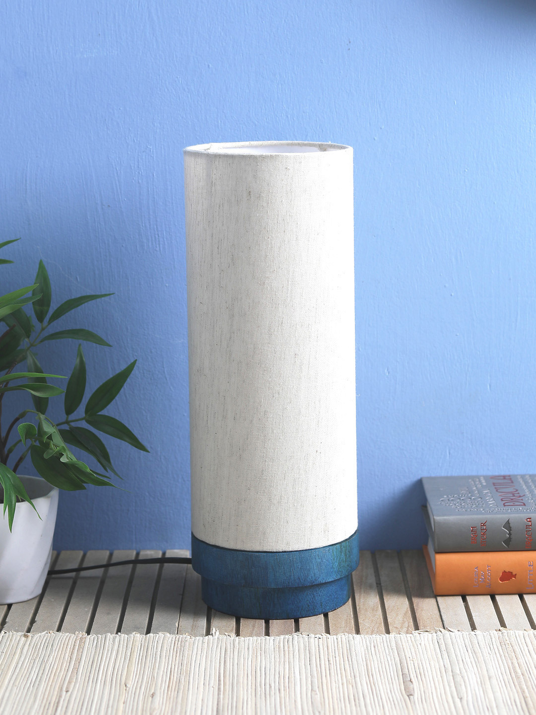 VarEesha White & Blue Handpainted Wooden Column Table Lamp