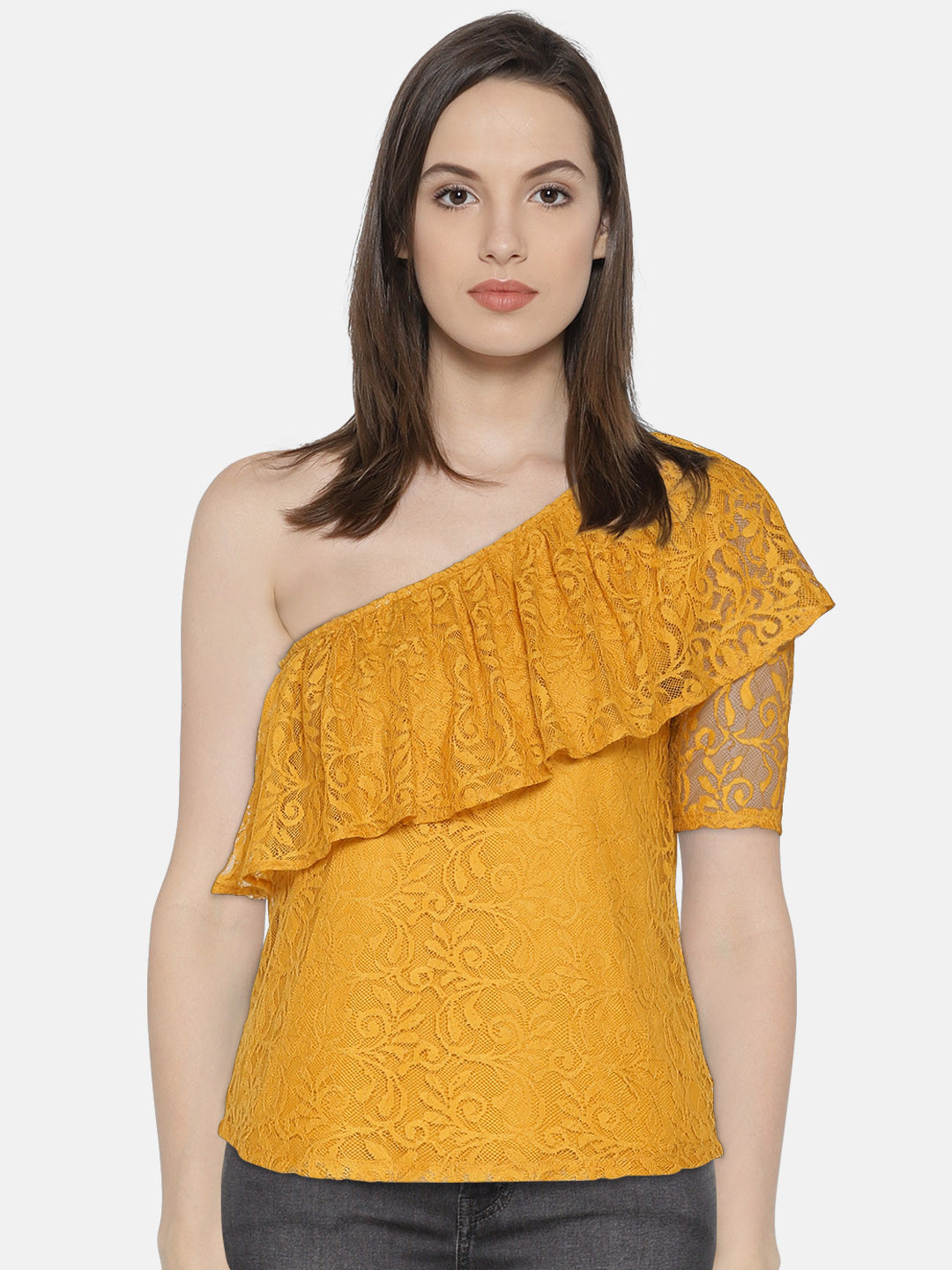 ONLY Women Mustard Yellow Self Design Top