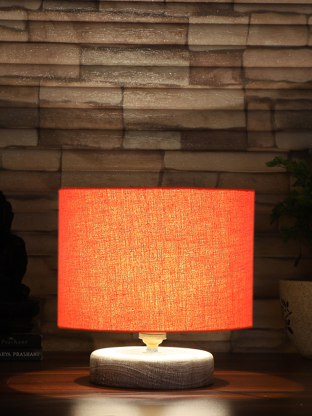 Devansh Orange & White Textured Cotton Table Lamp With Wood Base