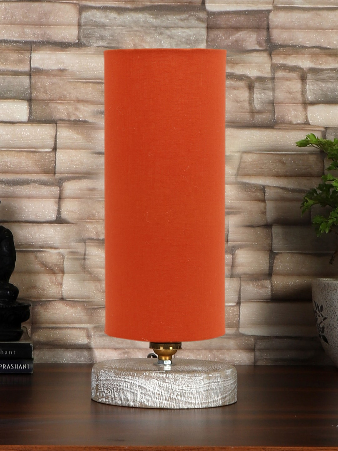 Devansh Orange & White Textured Cotton Table Lamp With Wood Base