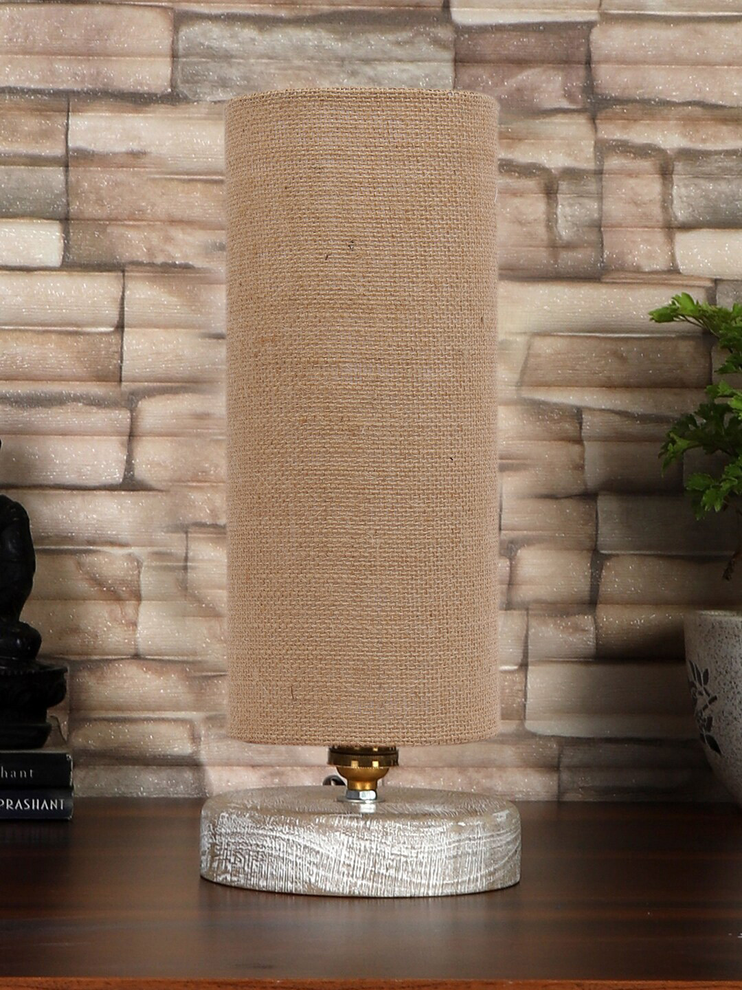 Devansh Beige & White Cotton Textured Table Lamps With Wood Base