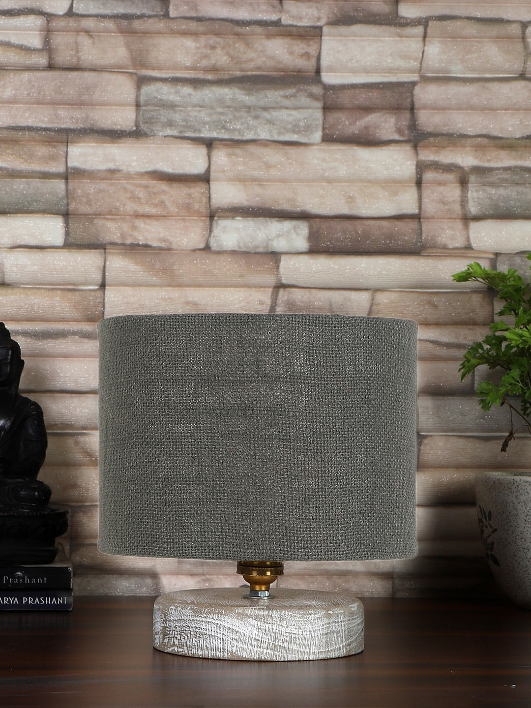 Devansh Grey & White Textured Jute Table Lamp With Wood Base