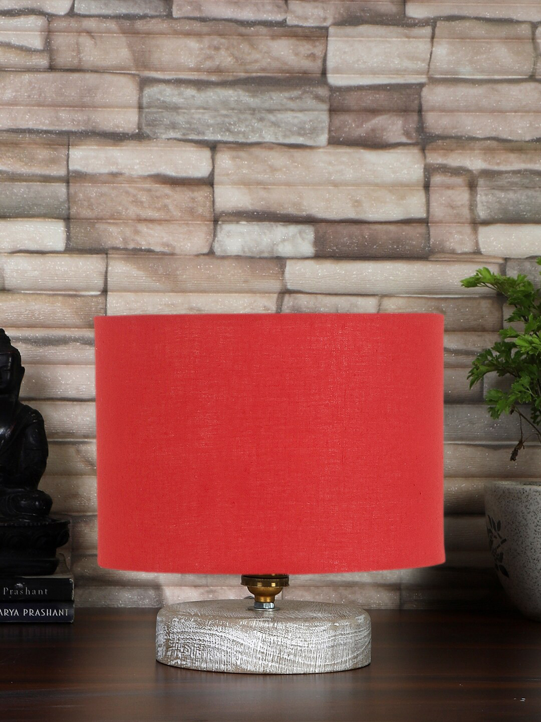 Devansh Red & White Cotton Textured Table Lamps With Wood Base