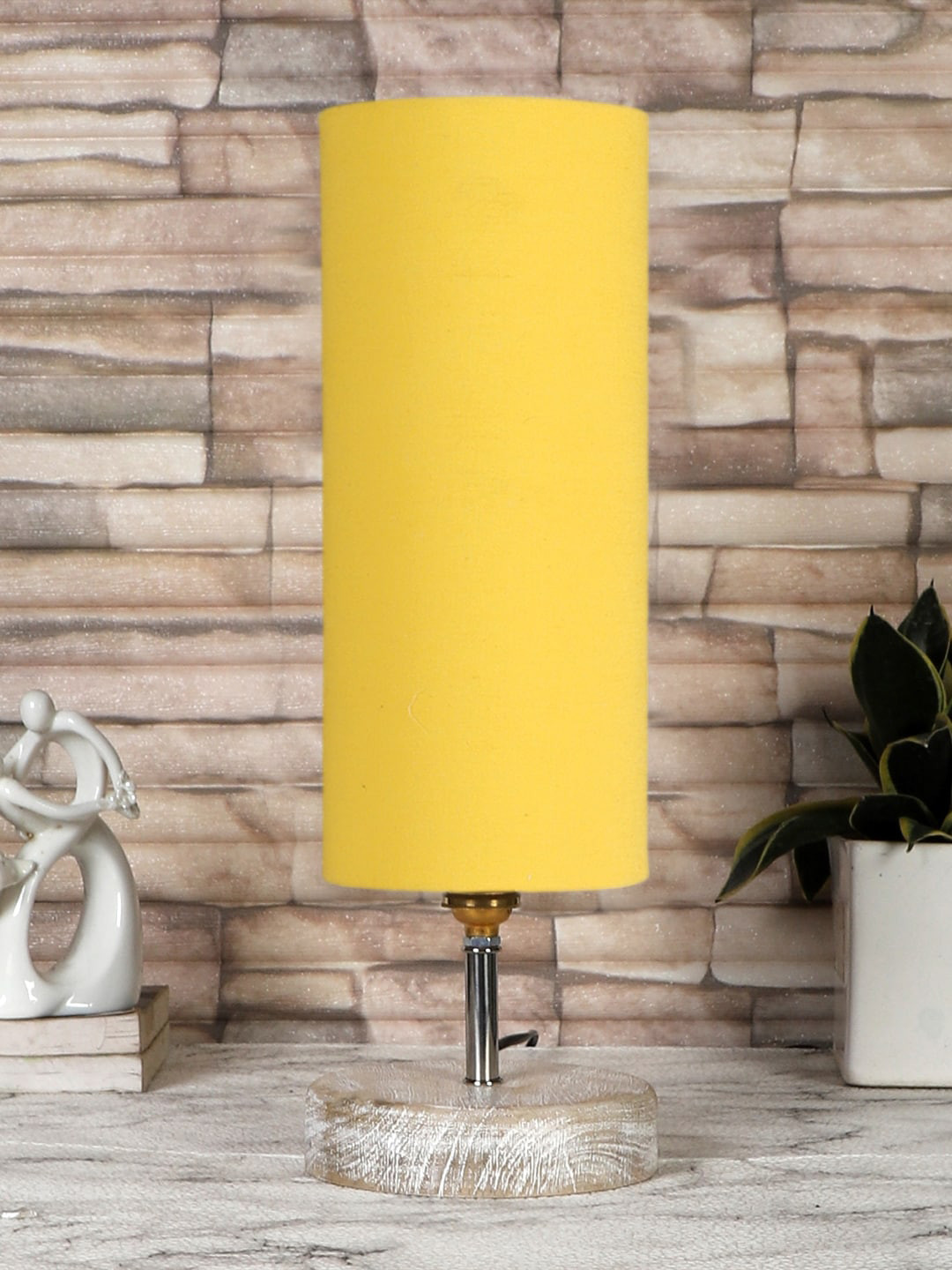 Devansh Yellow & White Textured Cotton Table Lamp With Wood Base