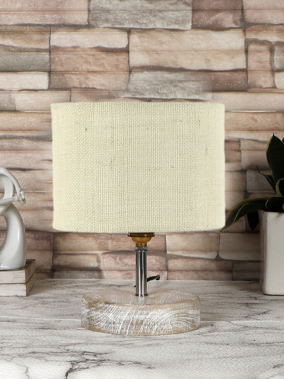 Devansh Beige & White Textured Jute Table Lamp With Wood Base