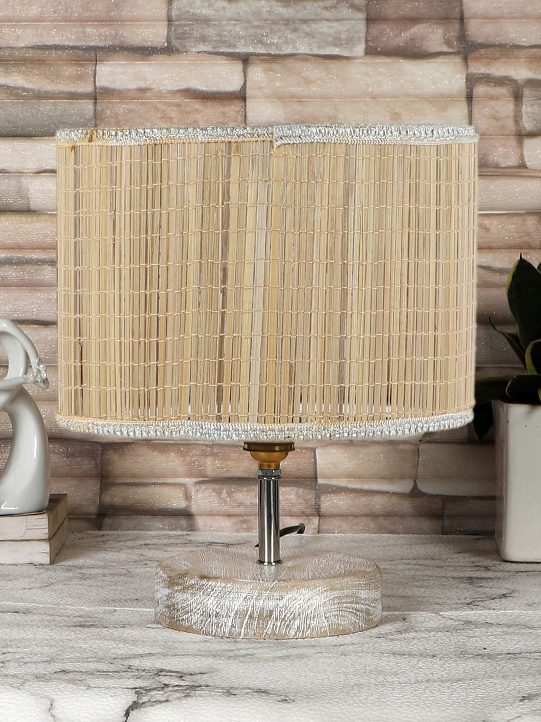Devansh Beige & White Textured Bamboo Table Lamp With Wood Base