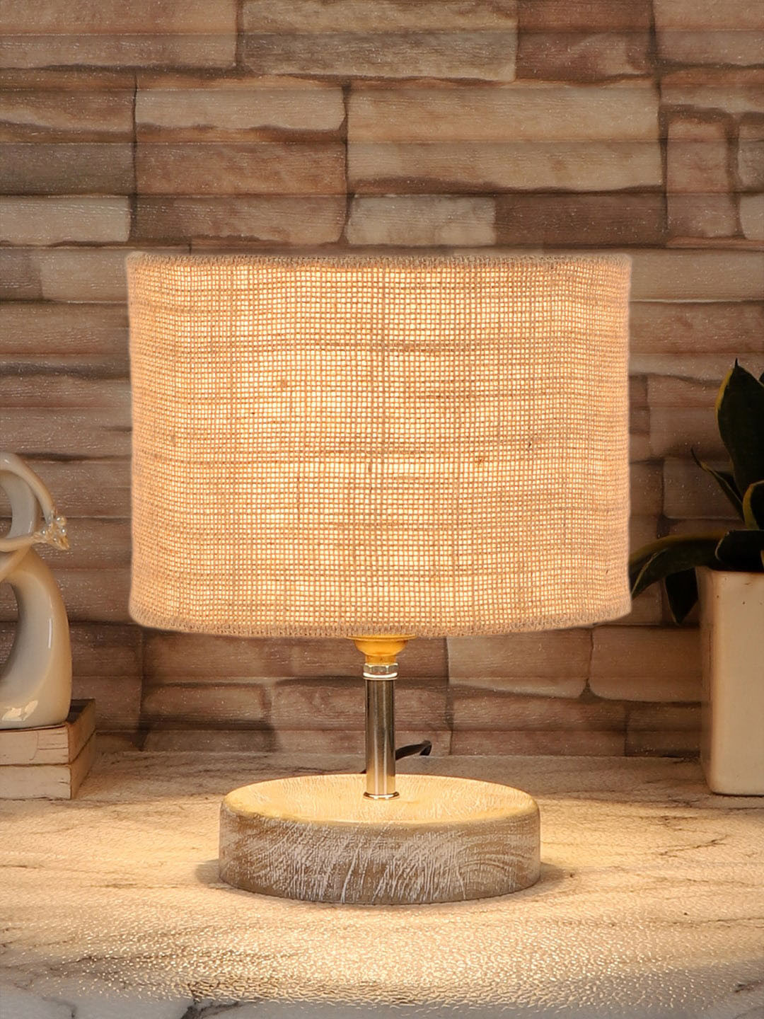 Devansh Beige & White Textured Jute Table Lamp With Wood Base