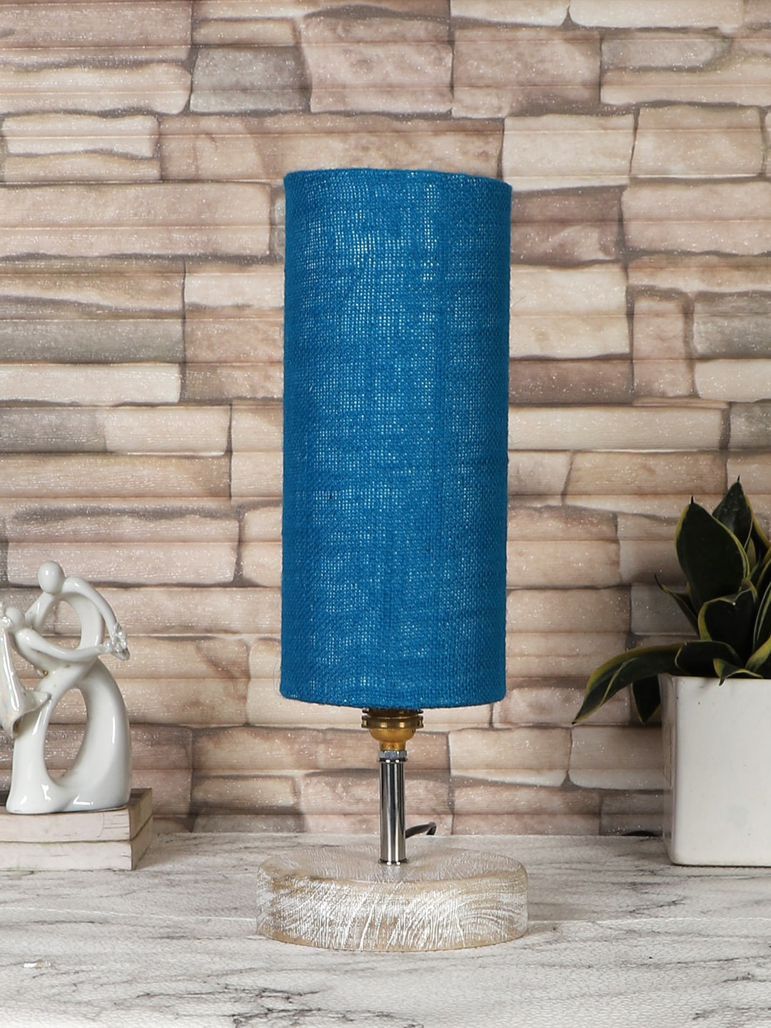 Devansh Turquoise Blue & White Textured Jute Table Lamp With Wood Base