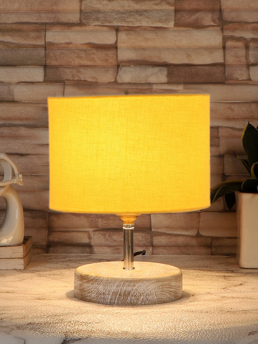 Devansh Yellow & White Textured Cotton Table Lamp With Wood Base