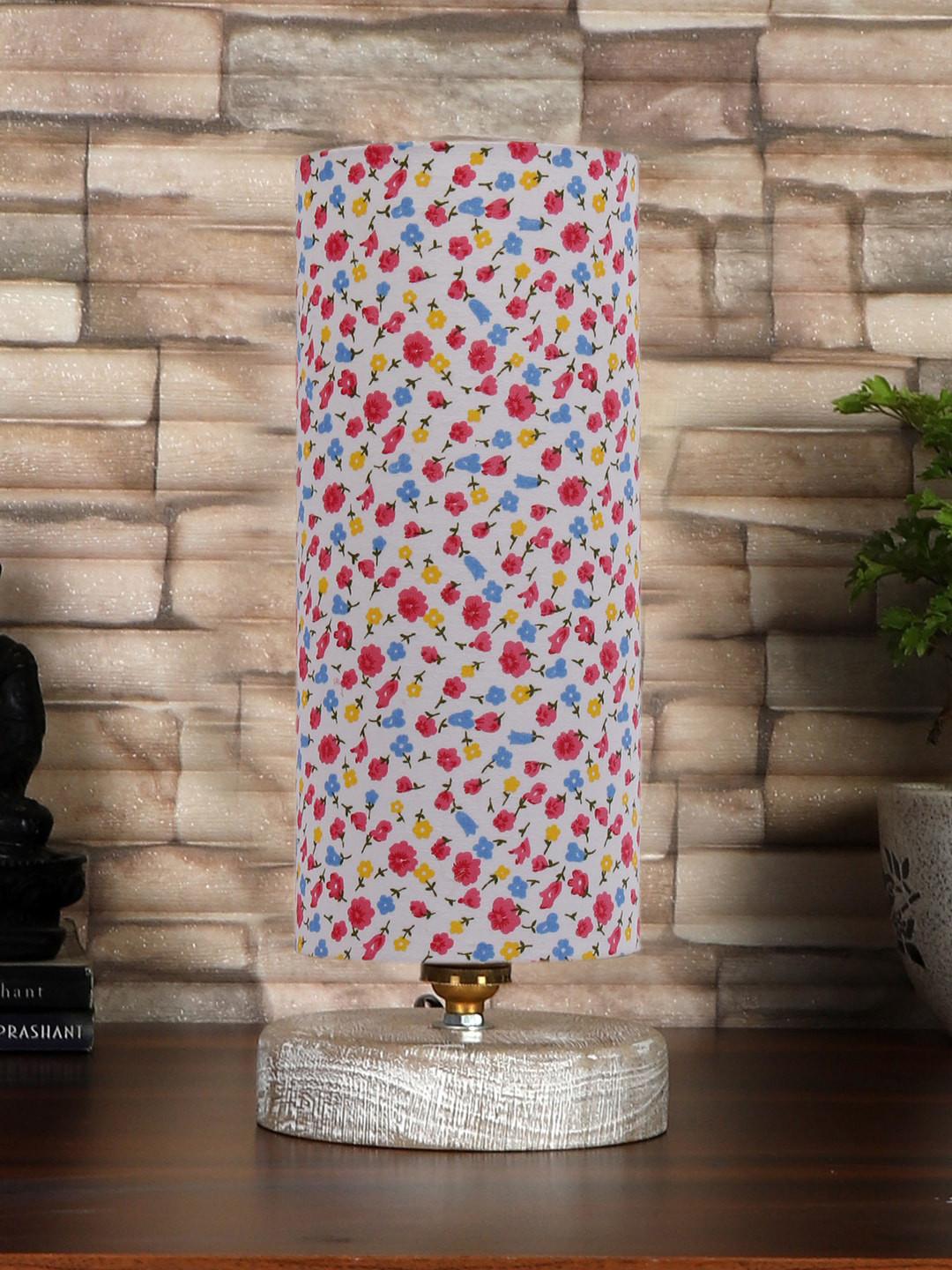 Devansh Pink & White Printed Cotton Table Lamp With Wood Base
