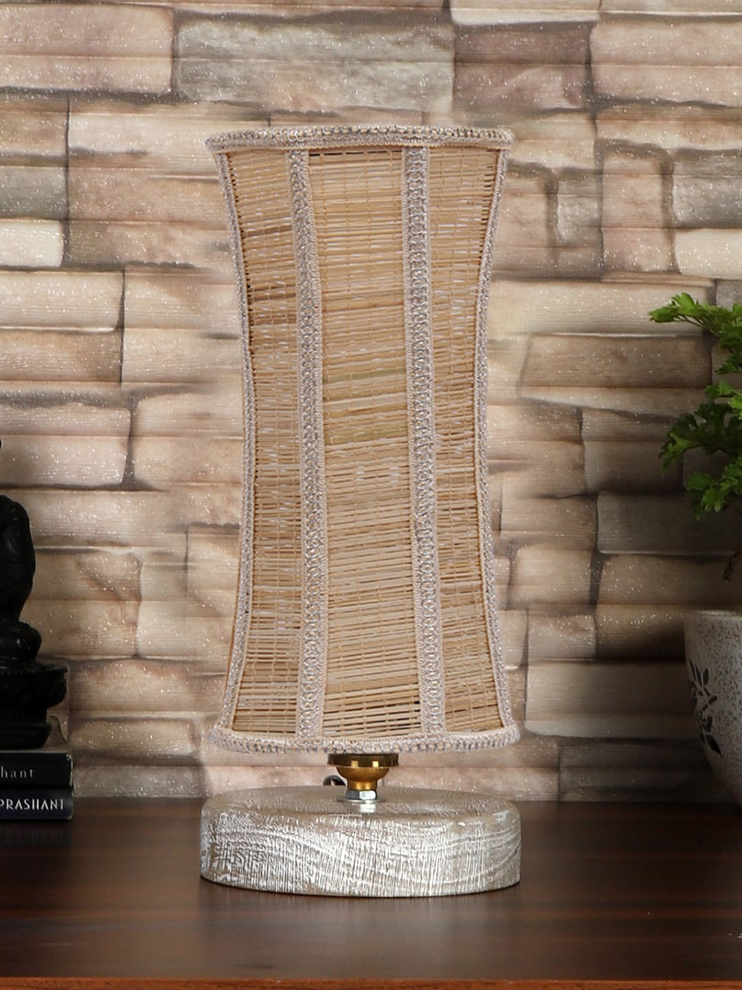 Devansh Damru Beige & White Textured Bamboo Table Lamp With Wood Base