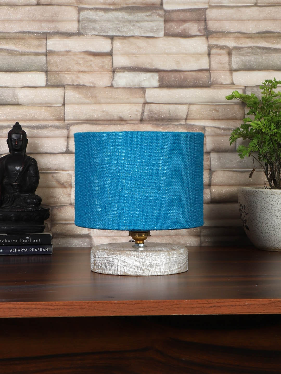 Devansh Turquoise Blue & White Textured Jute Table Lamp With Wood Base