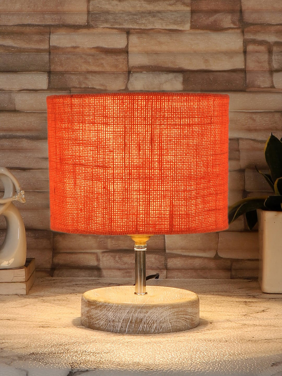 Devansh Orange & White Textured Jute Table Lamp With Wood Base