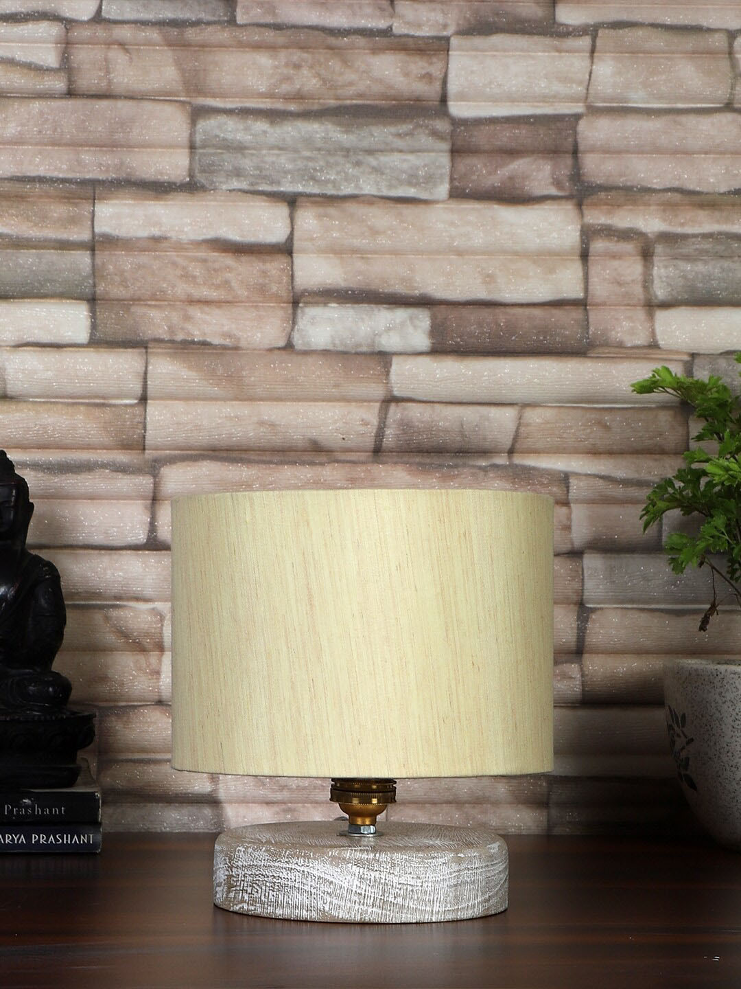Devansh Beige & White Textured Bamboo Table Lamp With Wood Base