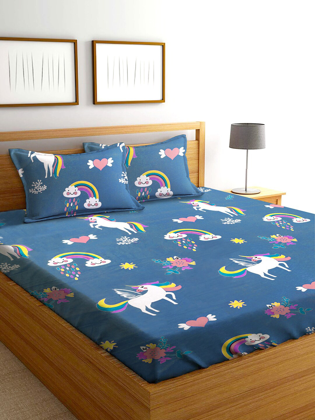 AEROHAVEN Blue Cartoon Characters Cotton 210 TC King Fine Bedsheet with 2 Pillow Covers-100 x 90 inches