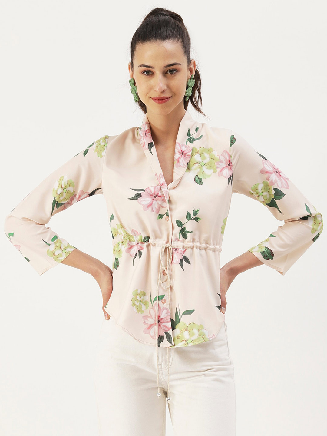 DressBerry Beige Floral Printed Waist Tie-Ups Cinched Waist Top