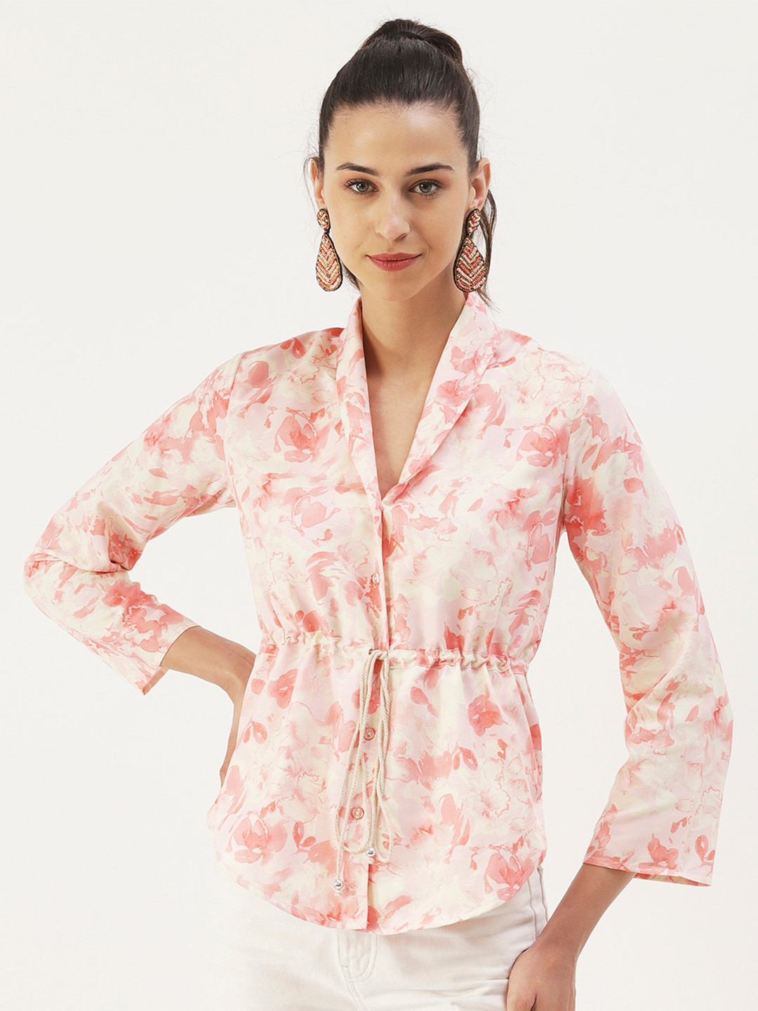 DressBerry Peach Abstract Printed Clinched Waist Top