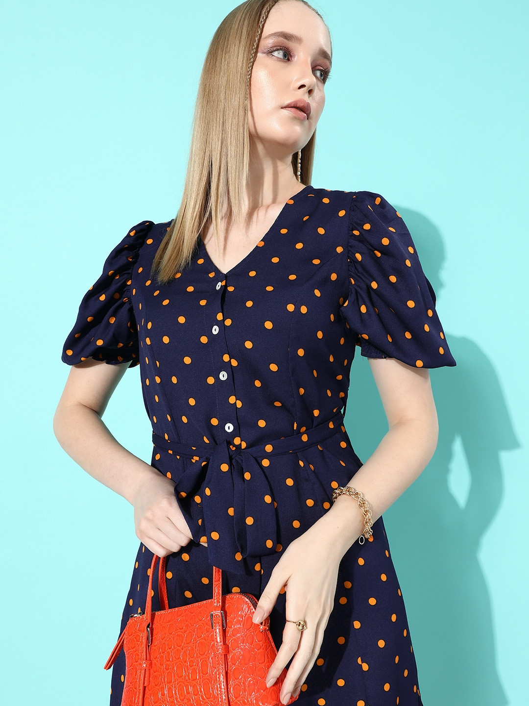 her by invictus Navy Blue Polka Dot Printed Once Upon A Sleeve Shirt Dress With A Belt
