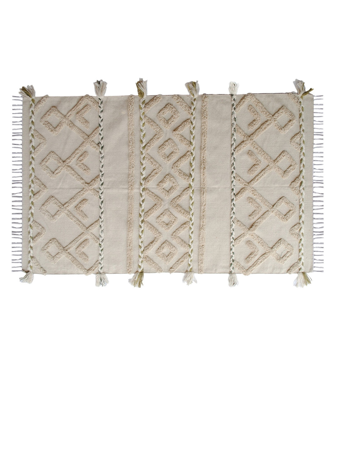 Art Avenue Beige Geometric Embroidered & Braided Cotton Carpet