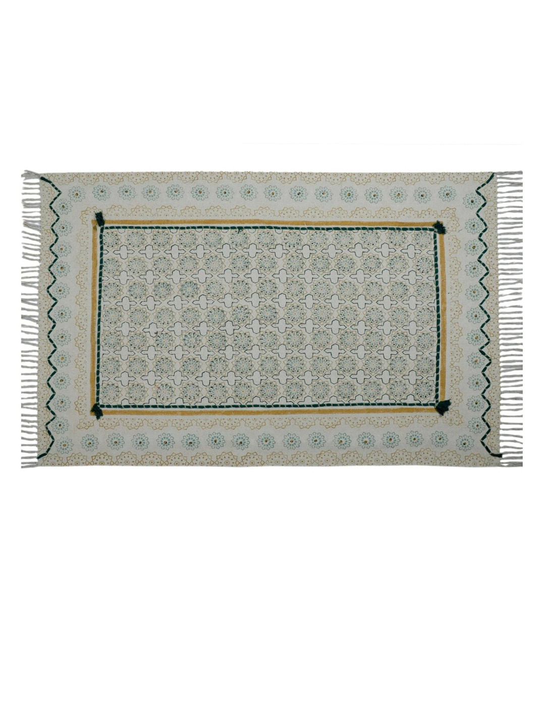 Art Avenue Green & Yellow Ethnic Motifs Cotton Rectangular Carpet