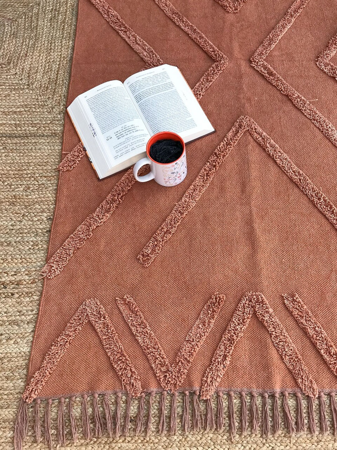 Art Avenue Orange Geometric Embroidered Cotton Rectangular Carpet
