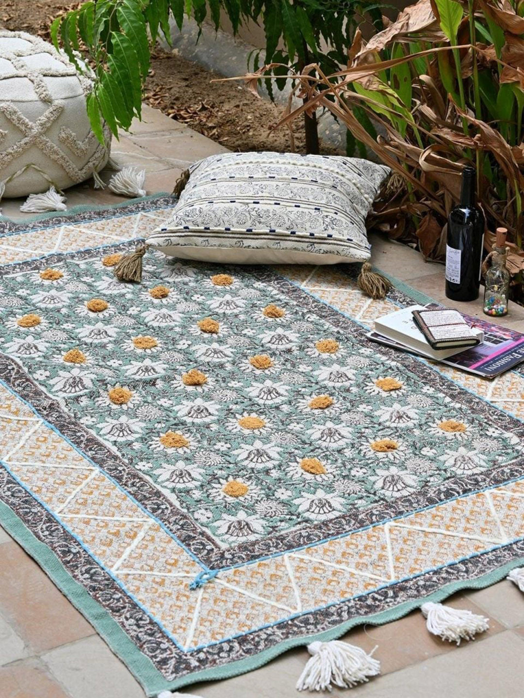 Art Avenue Green & Yellow Floral Printed Cotton Carpet